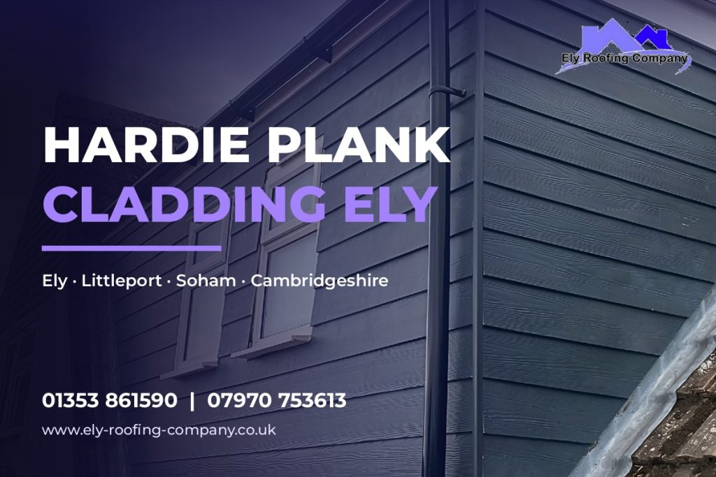 Dark grey Hardie Plank cladding fitted to a dormer in Ely by Ely Roofing Company, with new black guttering